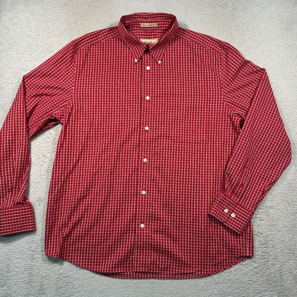 Vintage Eddie Bauer Button Down Shirt Mens L Red Plaid 90s Cotton Long‎ Sleeve